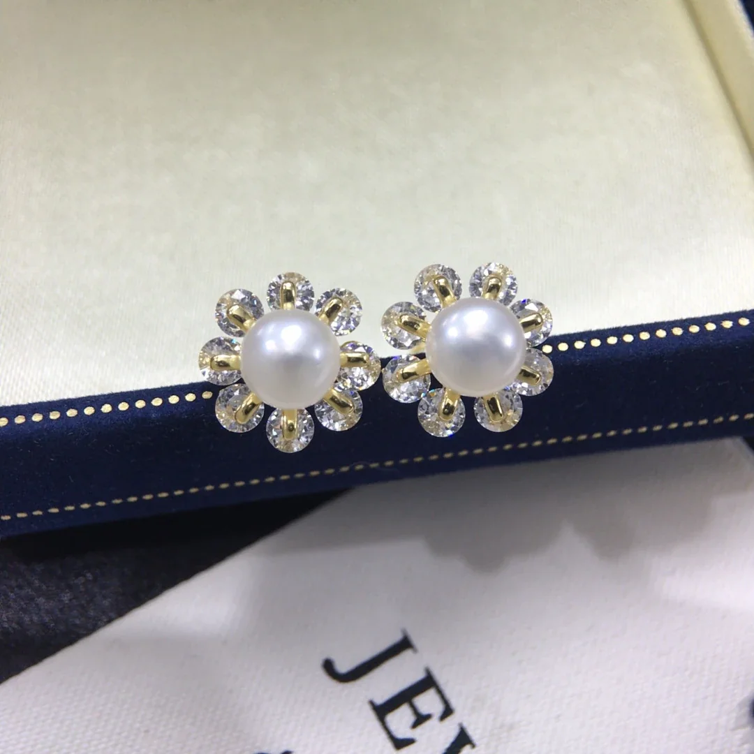 Radiant Flower Crystal Petal Freshwater Pearl Stud Earrings