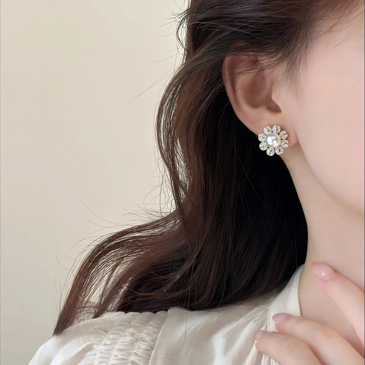 Radiant Flower Crystal Petal Freshwater Pearl Stud Earrings
