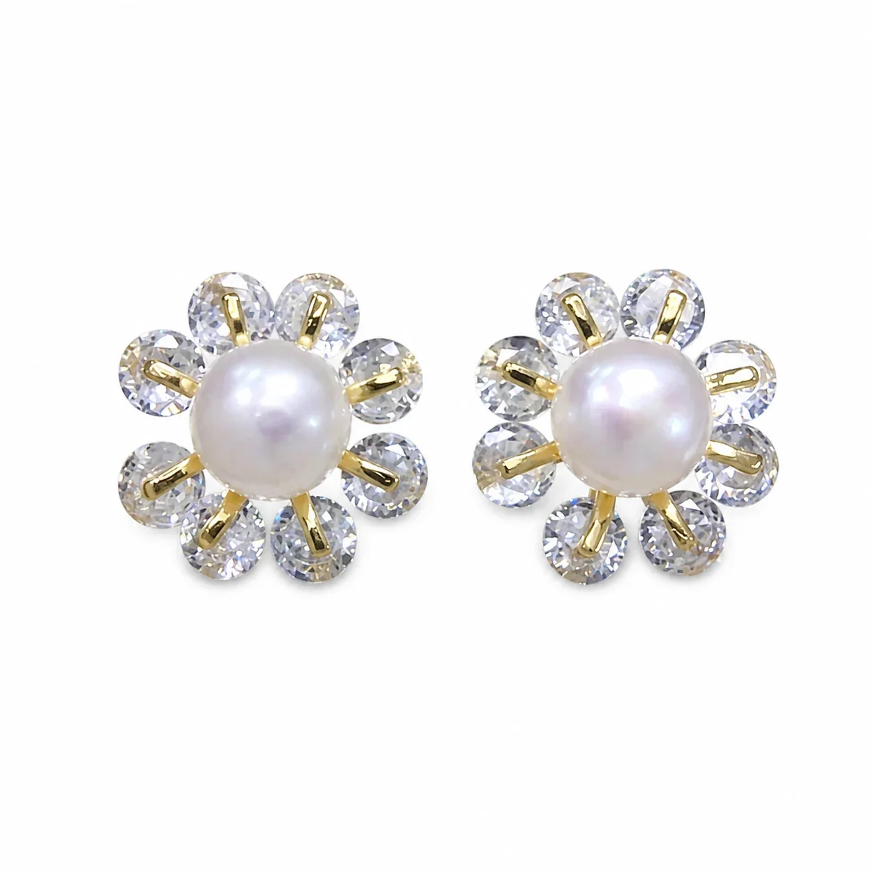 Radiant Flower Crystal Petal Freshwater Pearl Stud Earrings - Large Flower