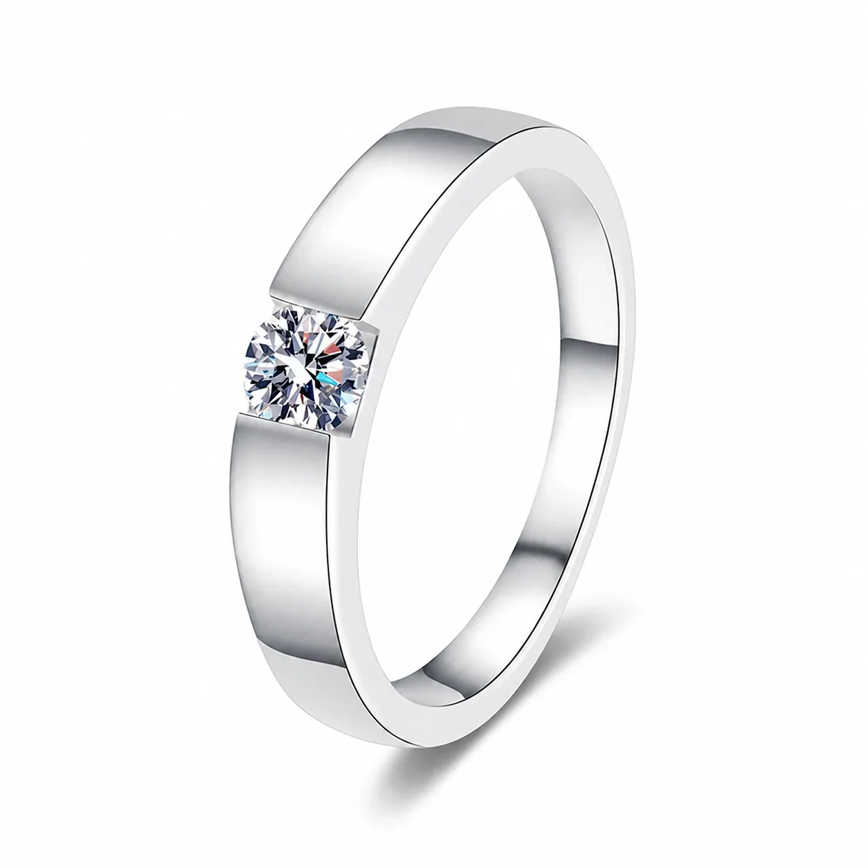 Sleek 925 Sterling Silver Tension-Set Round Moissanite Ring
