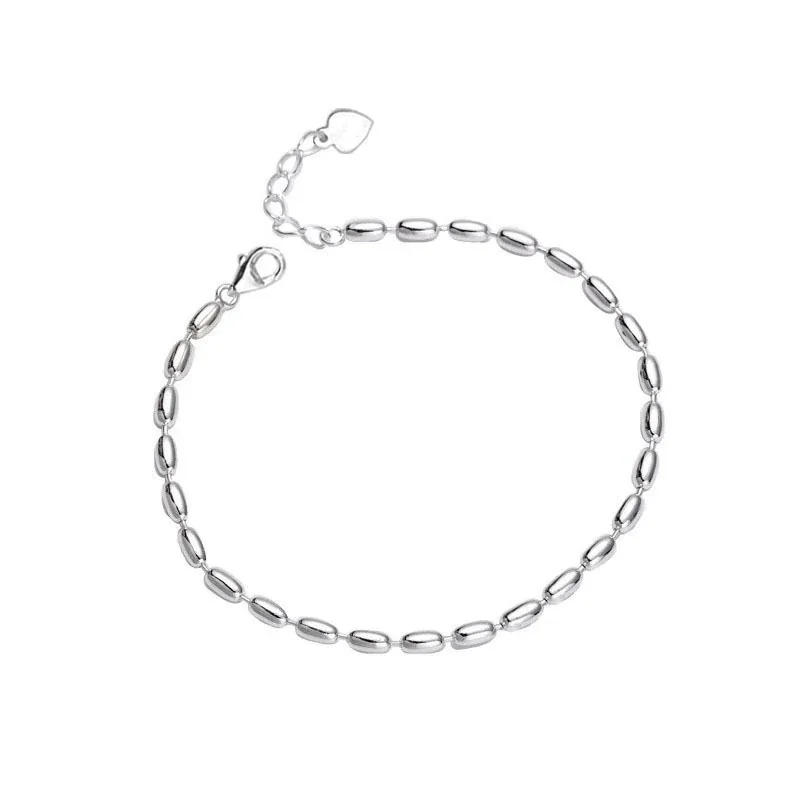 Polished Oval Bead 925 Sterling Silver Chain Bracelet