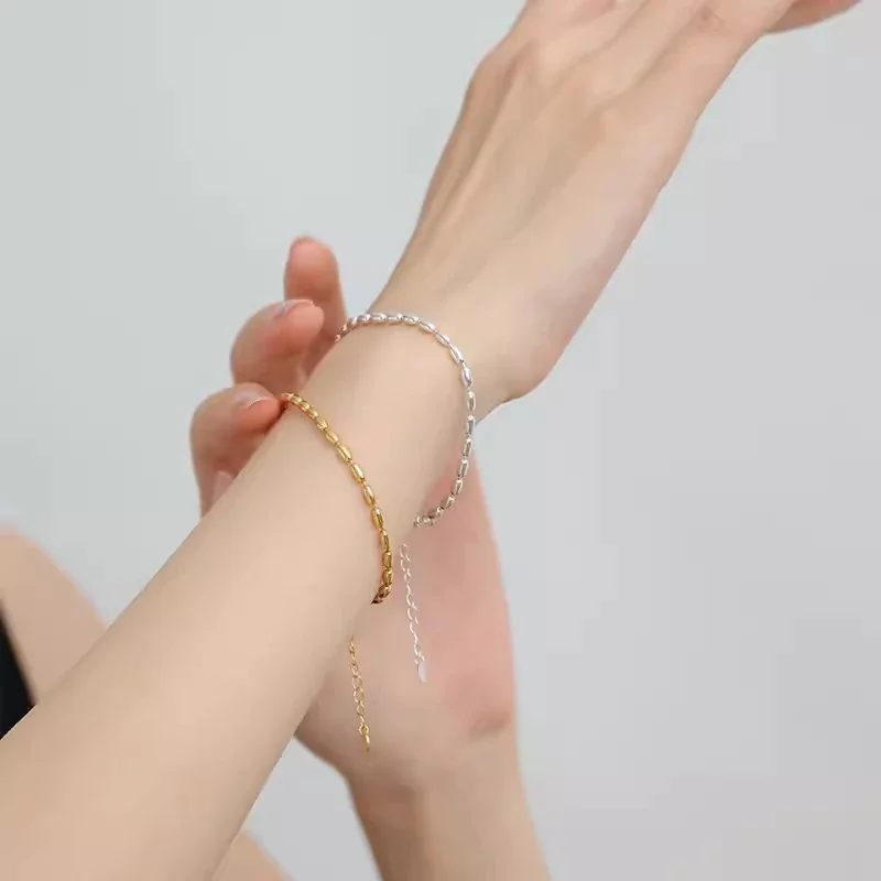 Polished Oval Bead 925 Sterling Silver Chain Bracelet