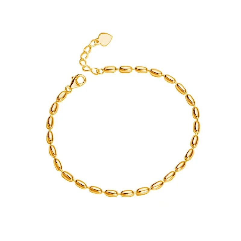 Polished Oval Bead 925 Sterling Silver Chain Bracelet - Gold