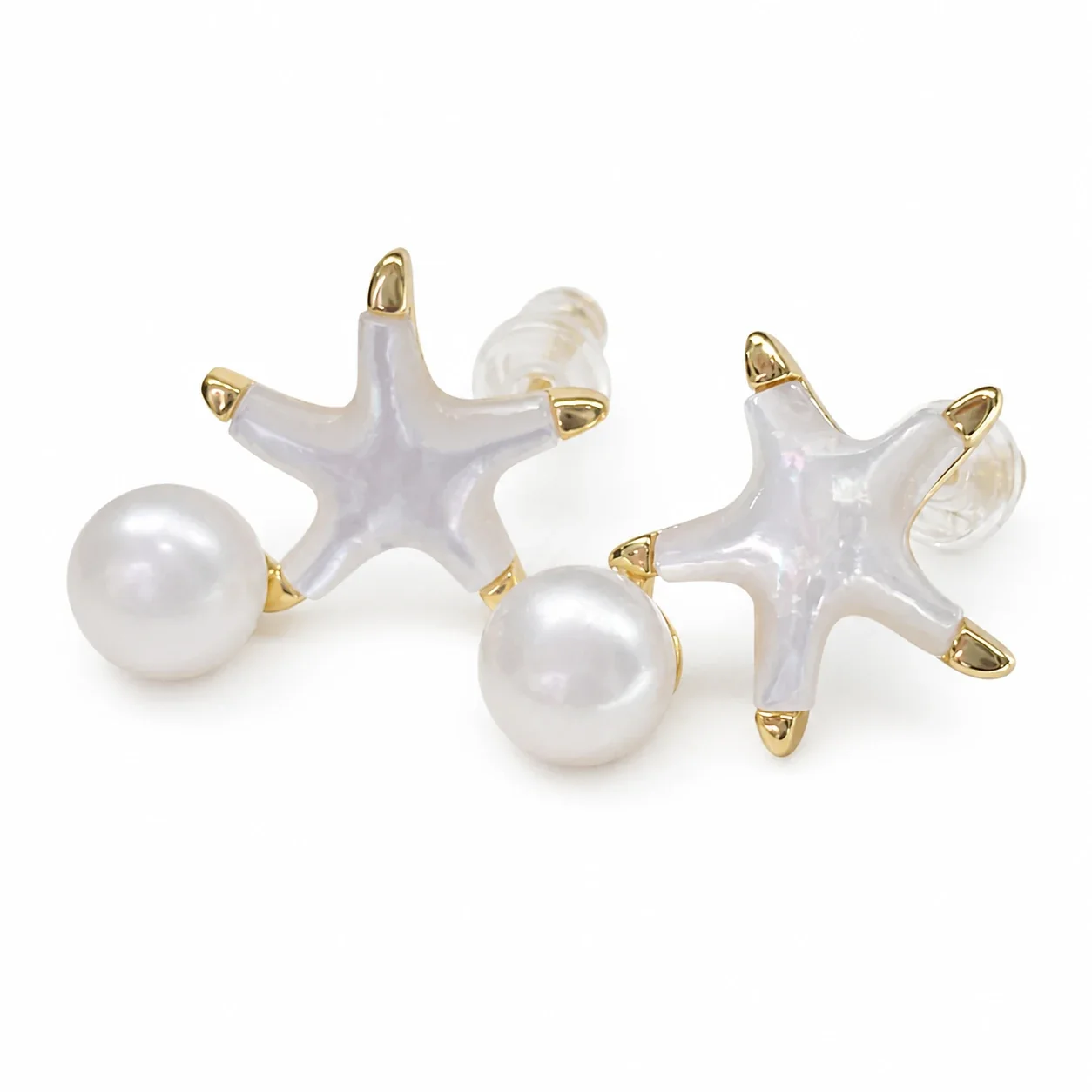 Playful Gold-Plated Starfish Round Freshwater Pearl Drop Earrings