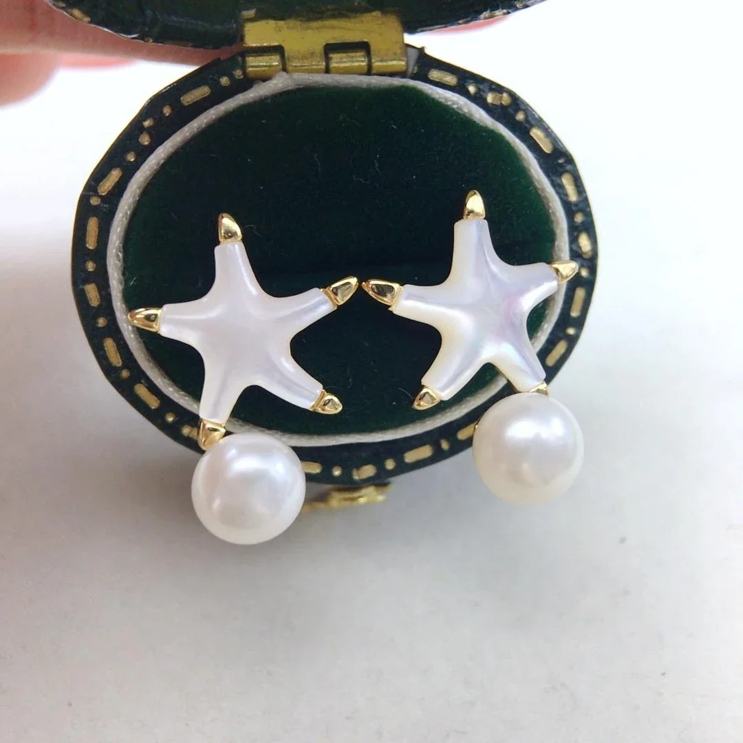 Playful Gold-Plated Starfish Round Freshwater Pearl Drop Earrings