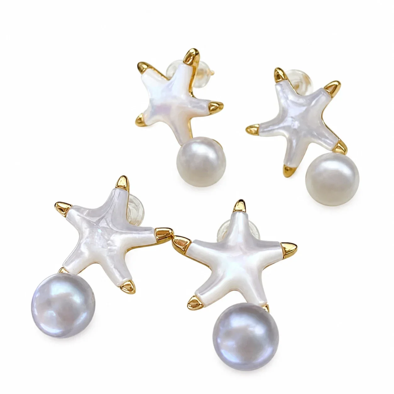 Playful Gold-Plated Starfish Round Freshwater Pearl Drop Earrings