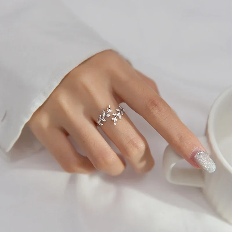 Botanical 925 Sterling Silver Open Leaf Crystal Ring