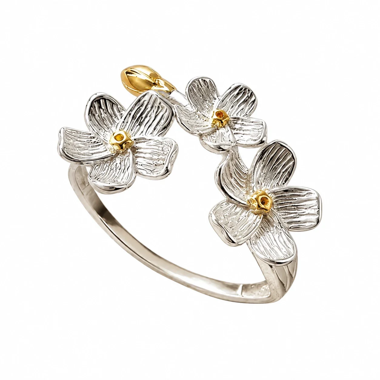 Textured Triple Iris Gold-Plated 925 Sterling Silver Open Ring