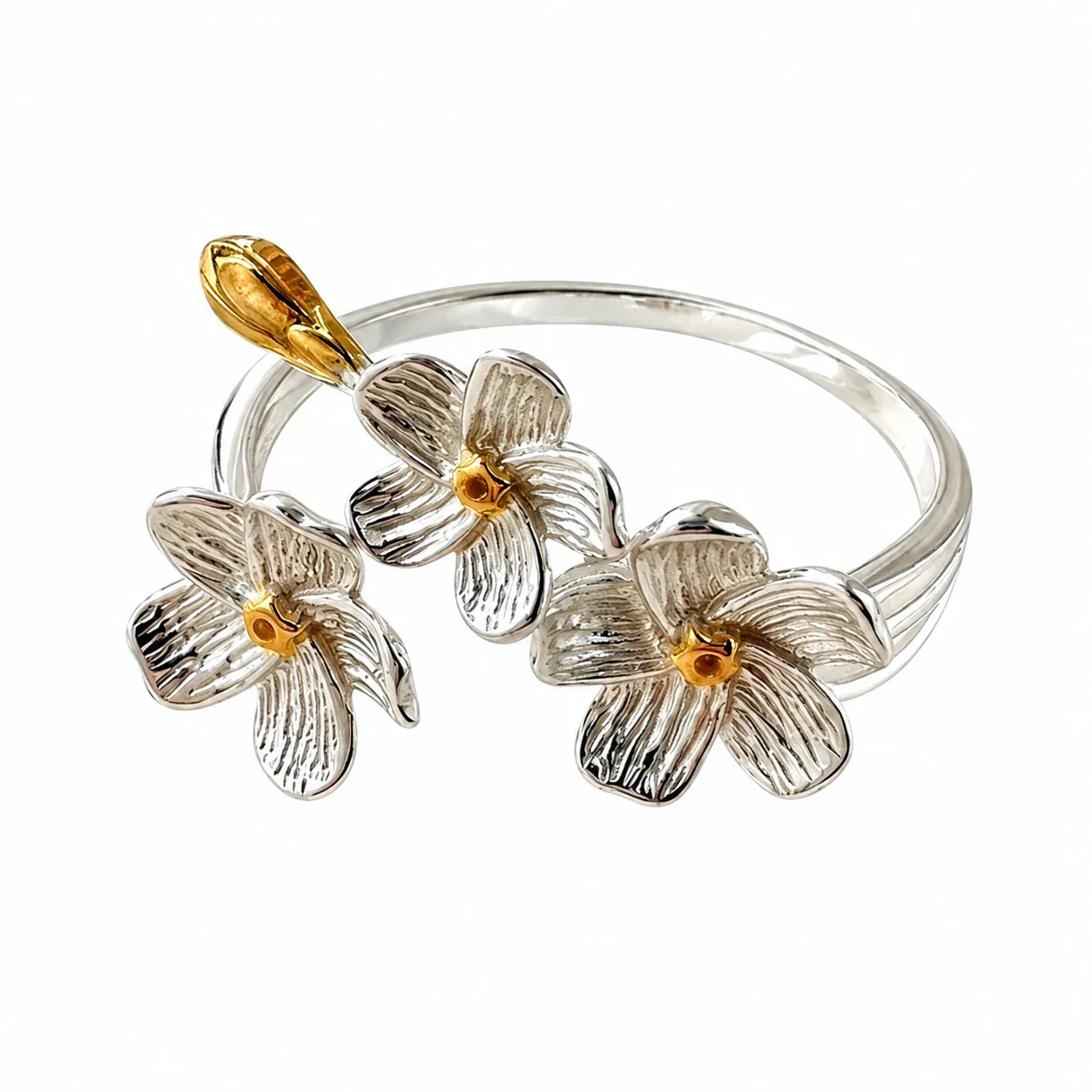 Textured Triple Iris Gold-Plated 925 Sterling Silver Open Ring