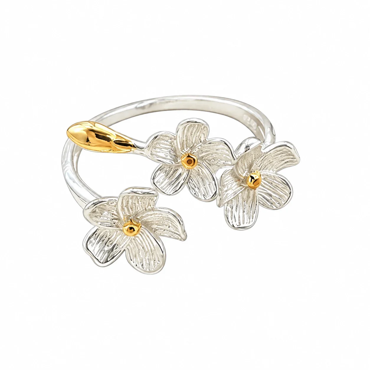 Textured Triple Iris Gold-Plated 925 Sterling Silver Open Ring - Three-Flower Design