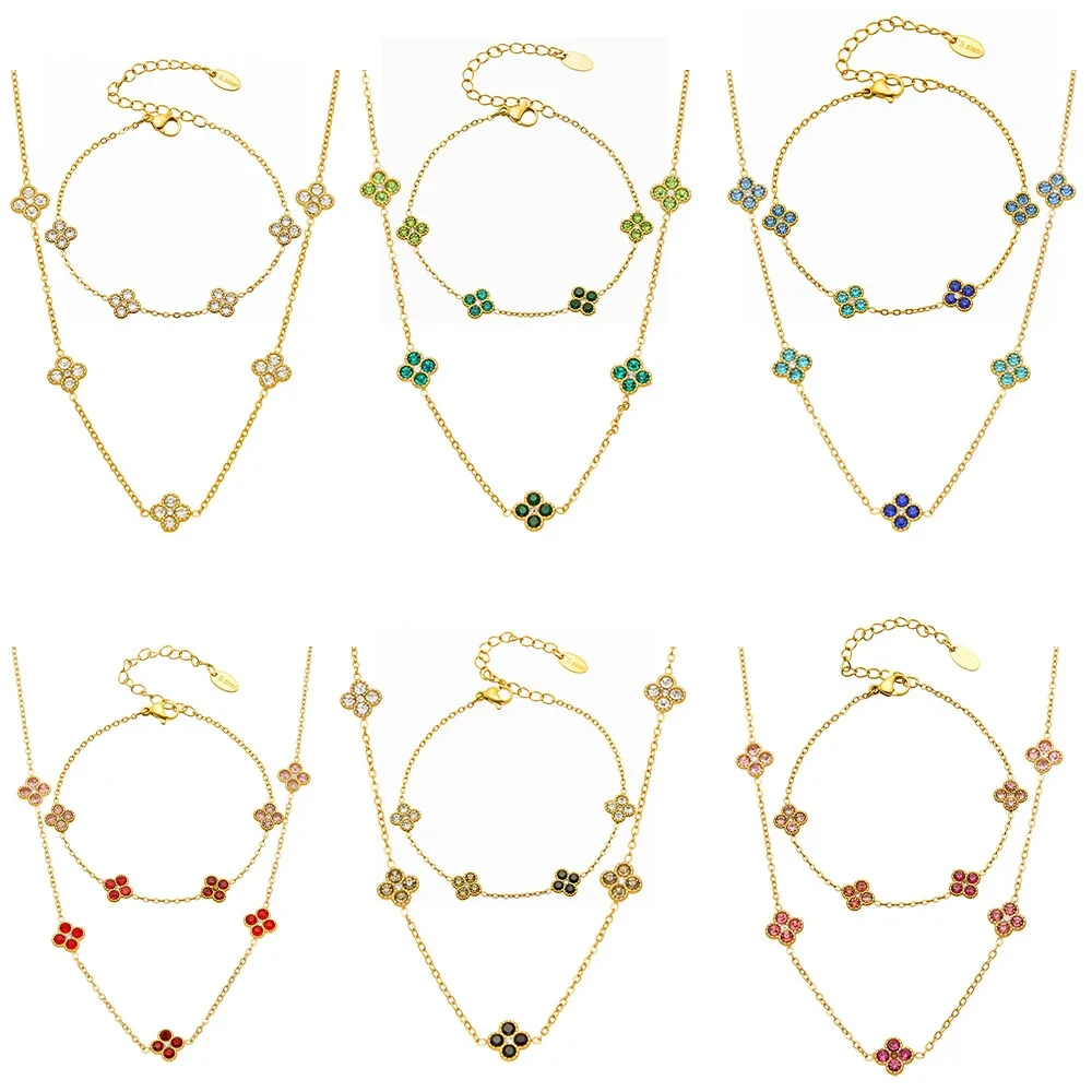Vivid 18K Gold-Plated CZ Clover Necklace Bracelet Set