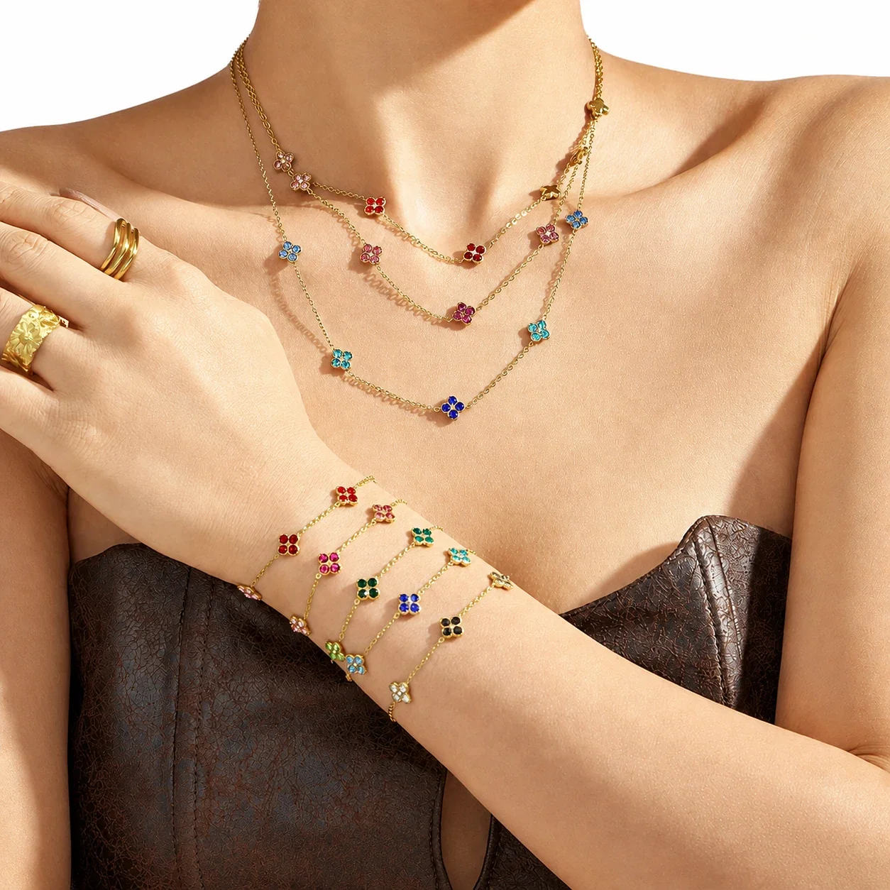 Vivid 18K Gold-Plated CZ Clover Necklace Bracelet Set