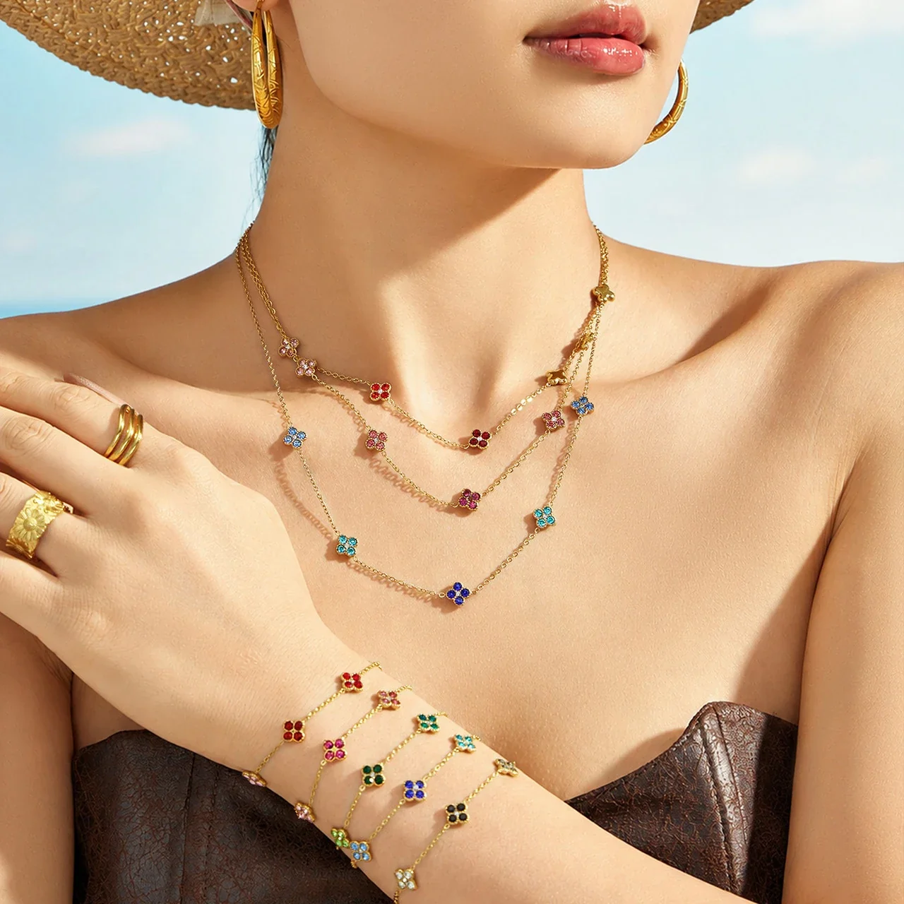 Vivid 18K Gold-Plated CZ Clover Necklace Bracelet Set