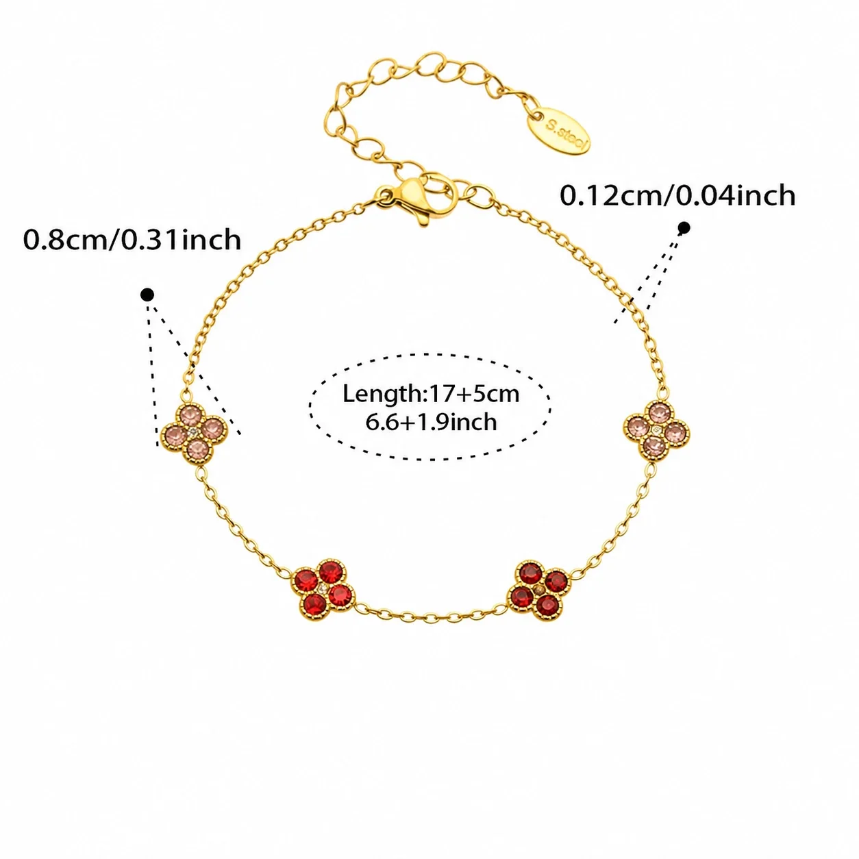 Vivid 18K Gold-Plated CZ Clover Necklace Bracelet Set - Gold Red CZ 17+5 cm