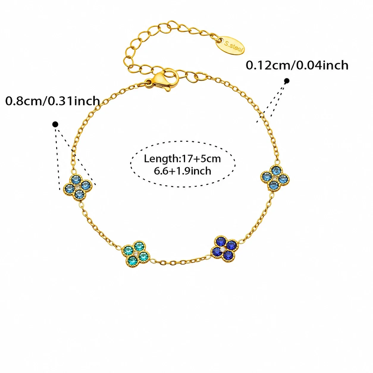 Vivid 18K Gold-Plated CZ Clover Necklace Bracelet Set - Gold Blue CZ 17+5 cm