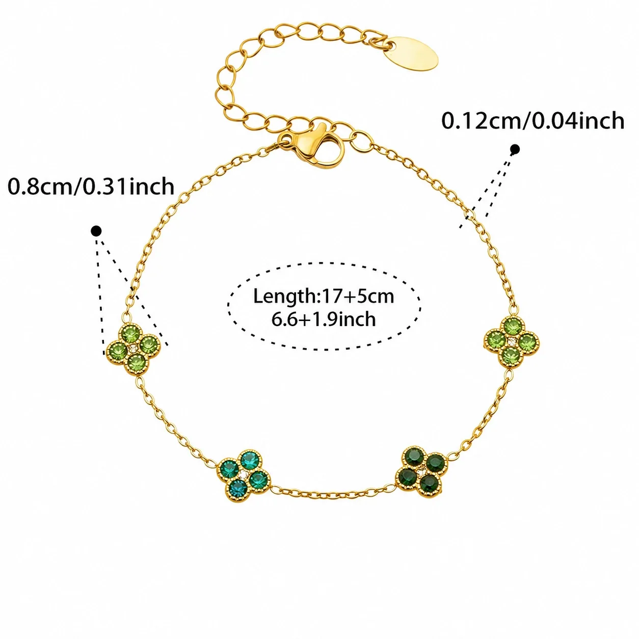 Vivid 18K Gold-Plated CZ Clover Necklace Bracelet Set - Gold Green CZ 17+5 cm