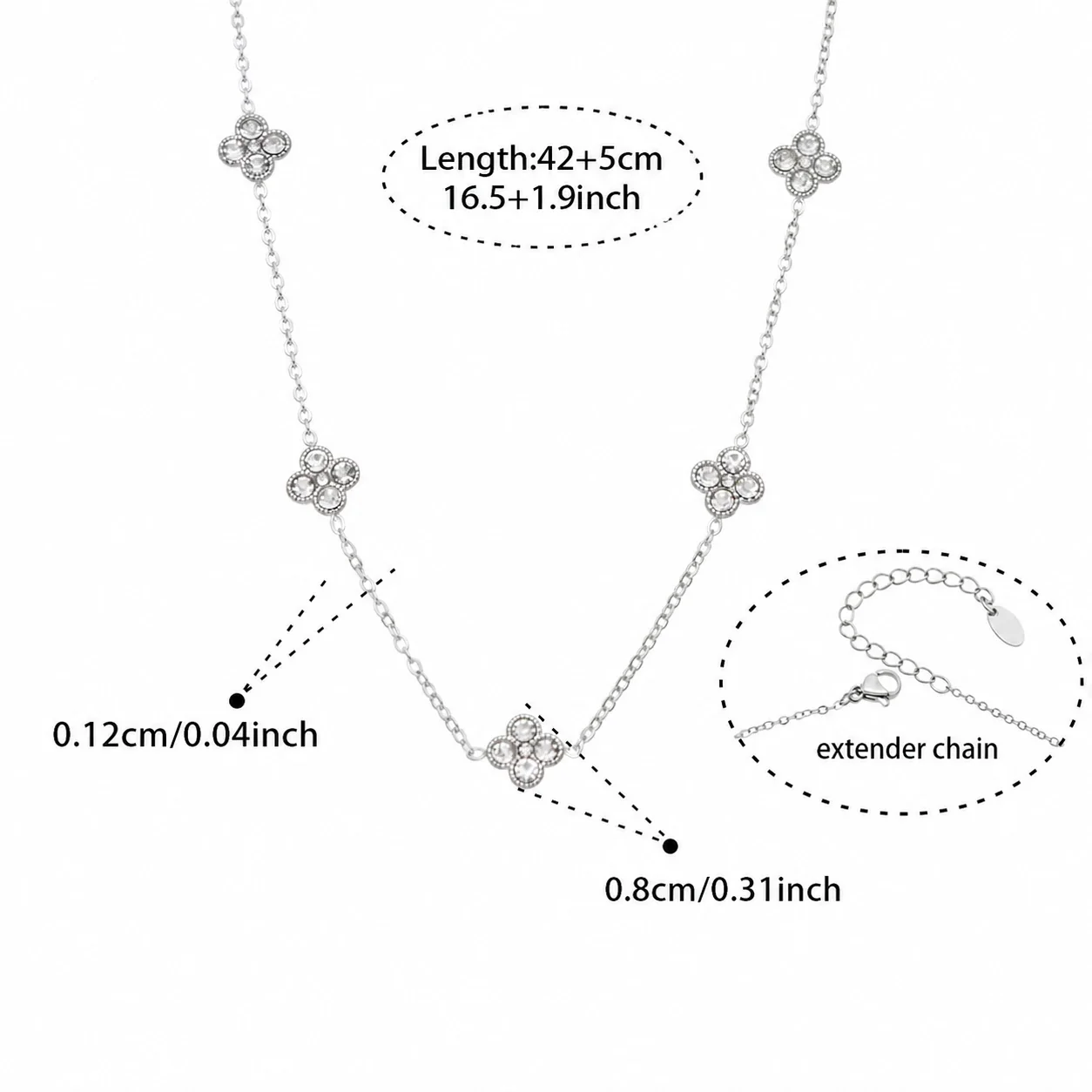 Vivid 18K Gold-Plated CZ Clover Necklace Bracelet Set - Silver White CZ 42+5 cm