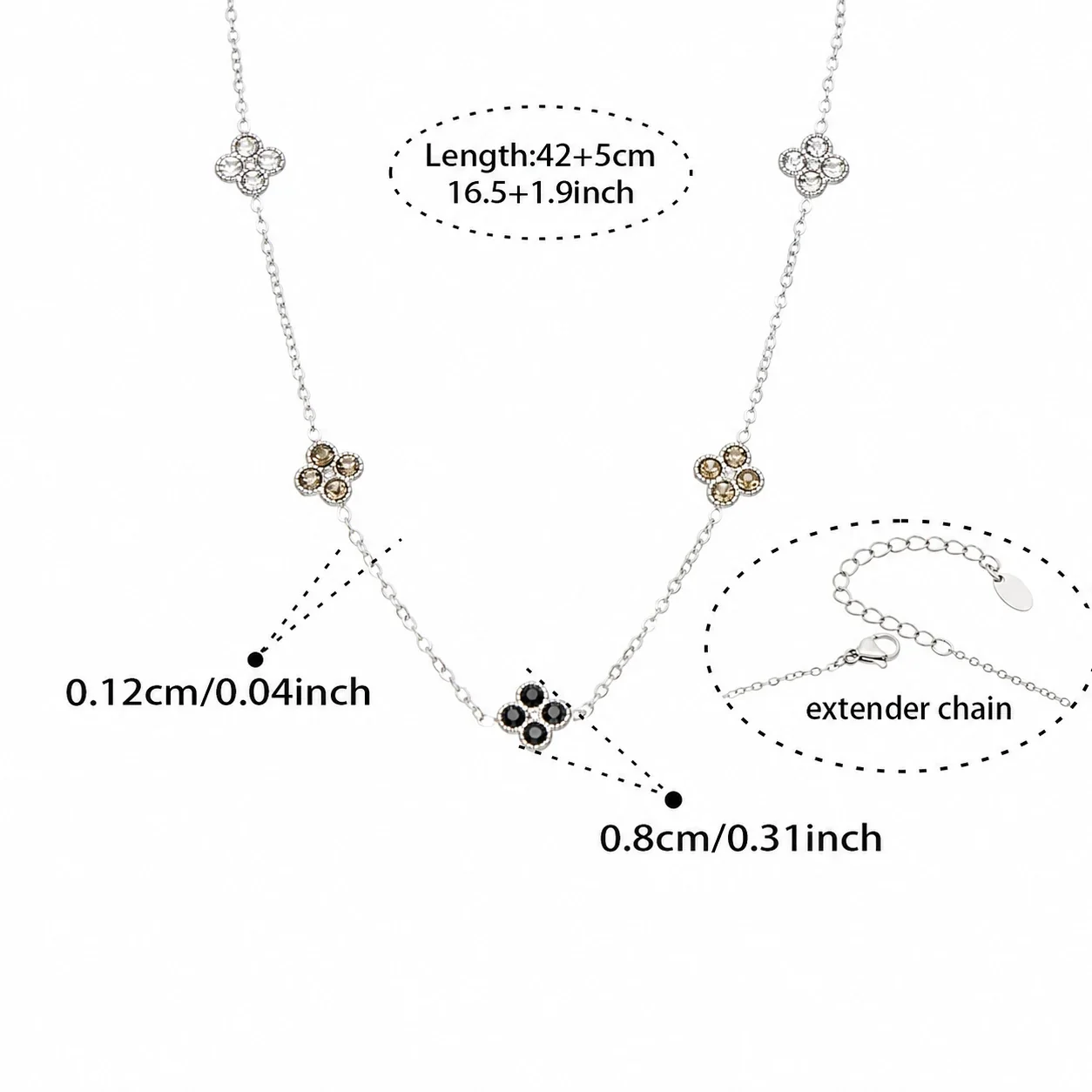 Vivid 18K Gold-Plated CZ Clover Necklace Bracelet Set - Silver Black CZ 42+5 cm