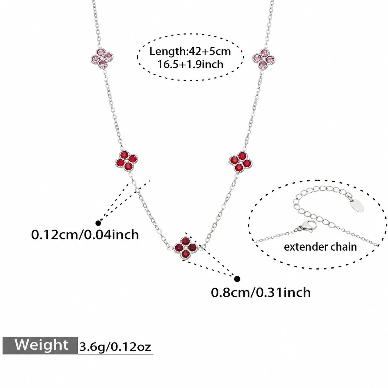 Vivid 18K Gold-Plated CZ Clover Necklace Bracelet Set - Silver Red CZ 42+5 cm