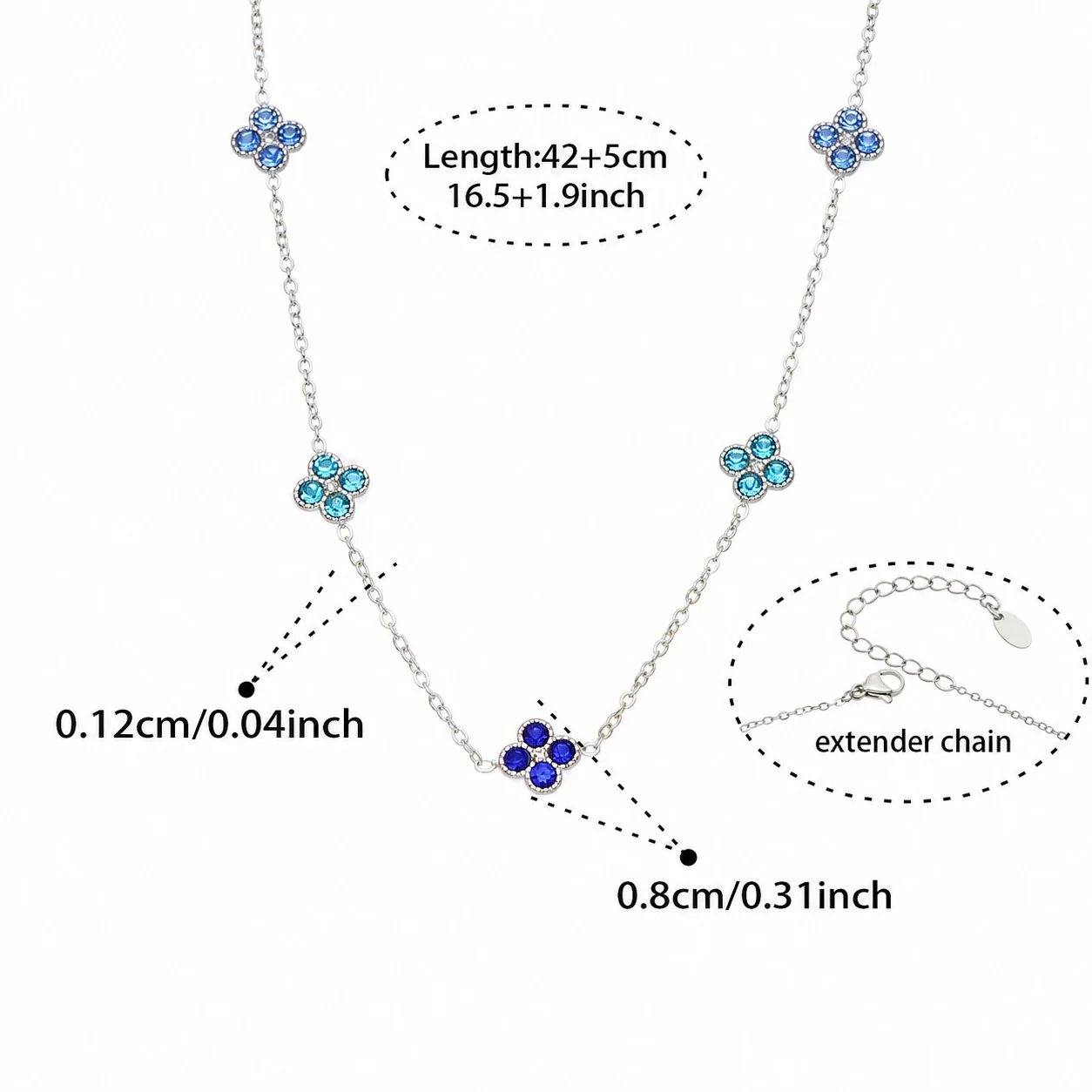 Vivid 18K Gold-Plated CZ Clover Necklace Bracelet Set - Silver Blue CZ 42+5 cm