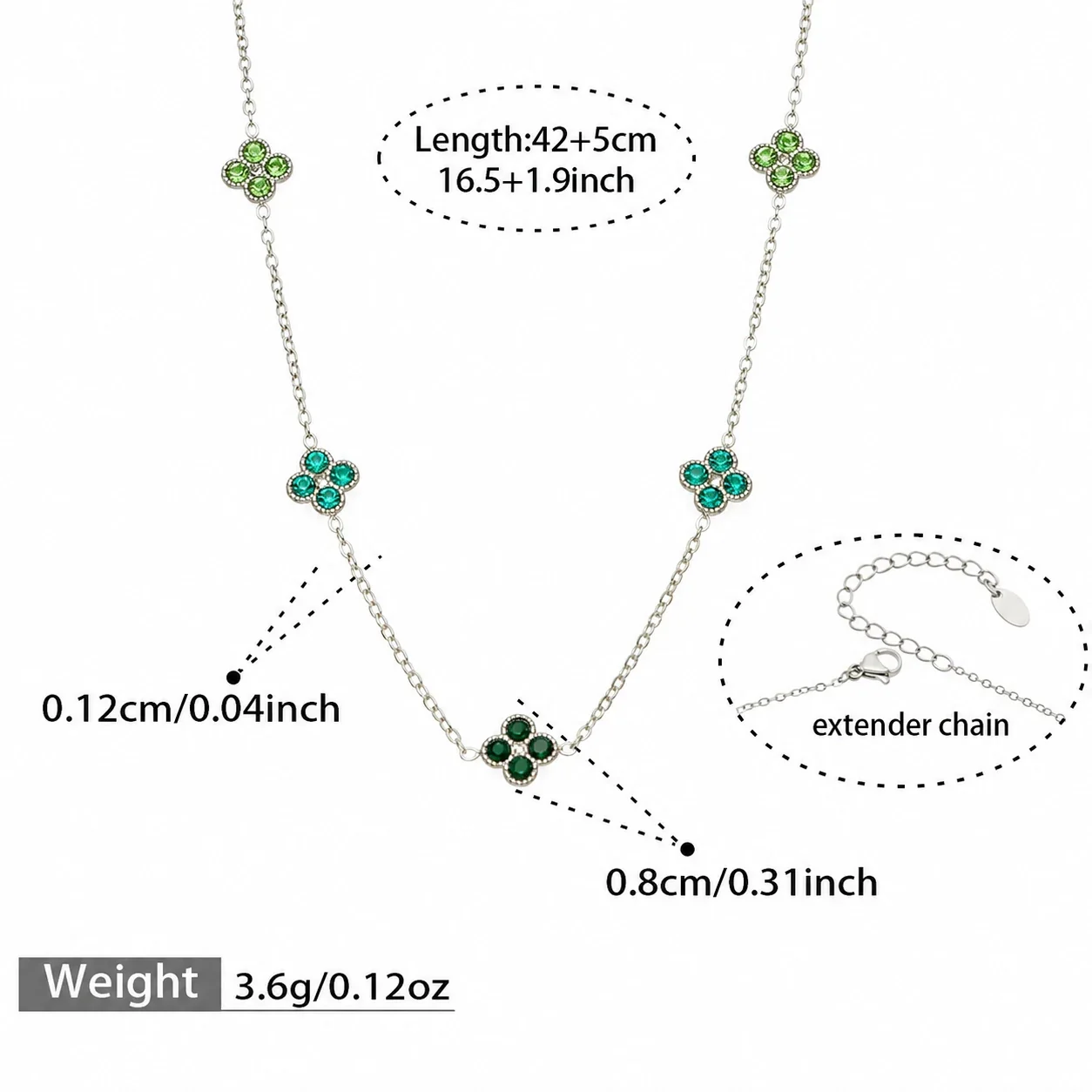Vivid 18K Gold-Plated CZ Clover Necklace Bracelet Set - Silver Green CZ 42+5 cm
