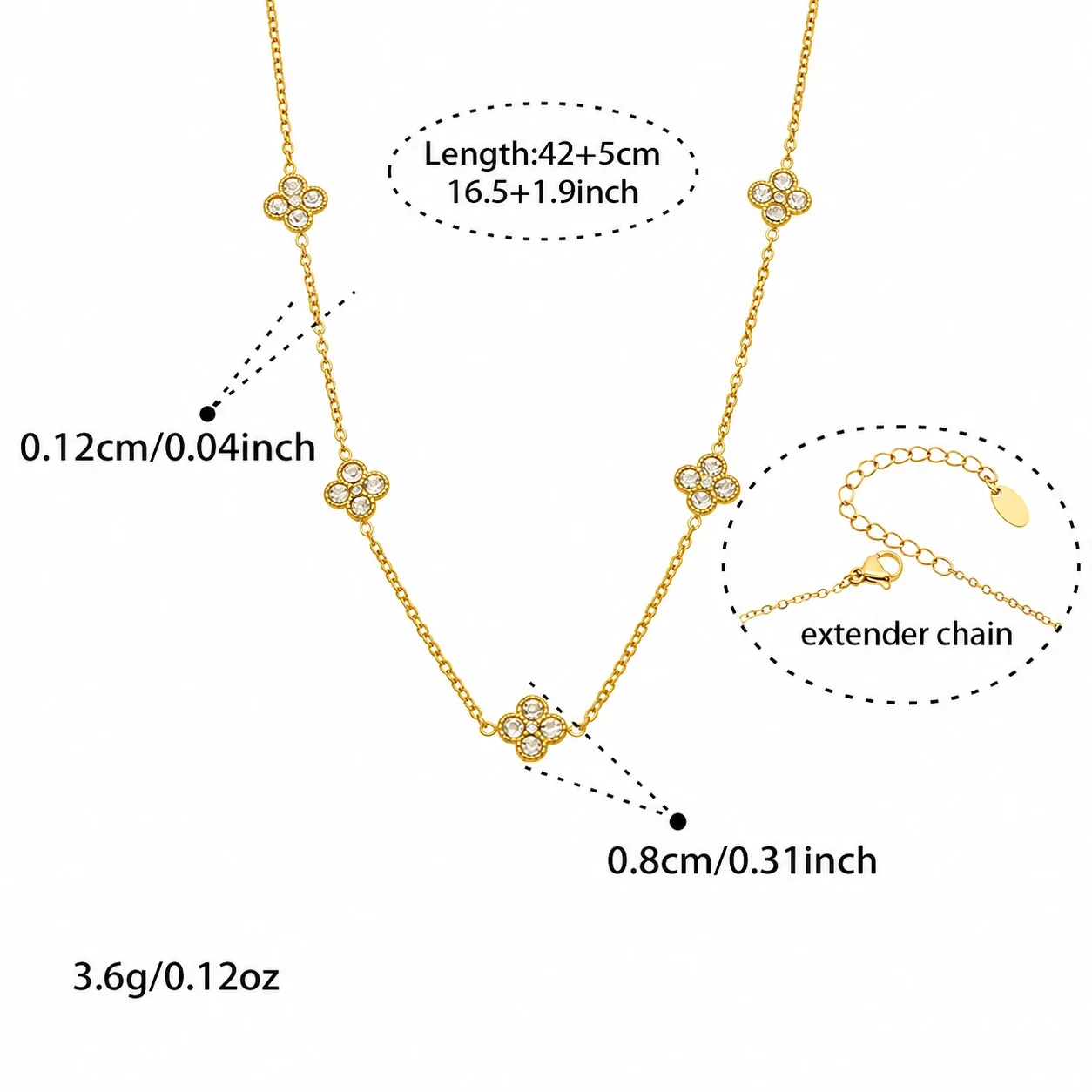 Vivid 18K Gold-Plated CZ Clover Necklace Bracelet Set - Gold White CZ 42+5 cm