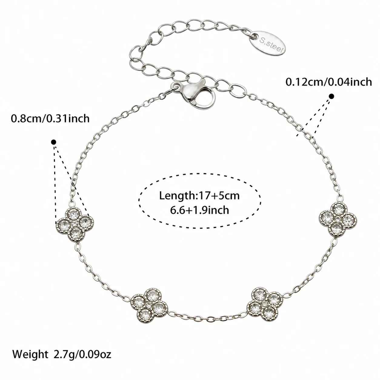 Vivid 18K Gold-Plated CZ Clover Necklace Bracelet Set - Silver White CZ 17+5 cm