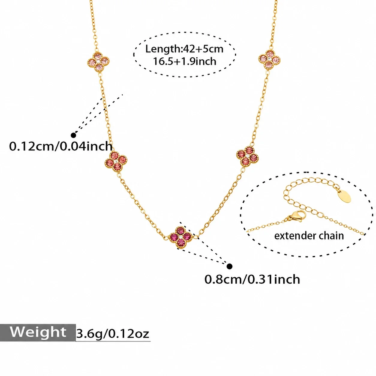 Vivid 18K Gold-Plated CZ Clover Necklace Bracelet Set - Gold Pink CZ 42+5 cm