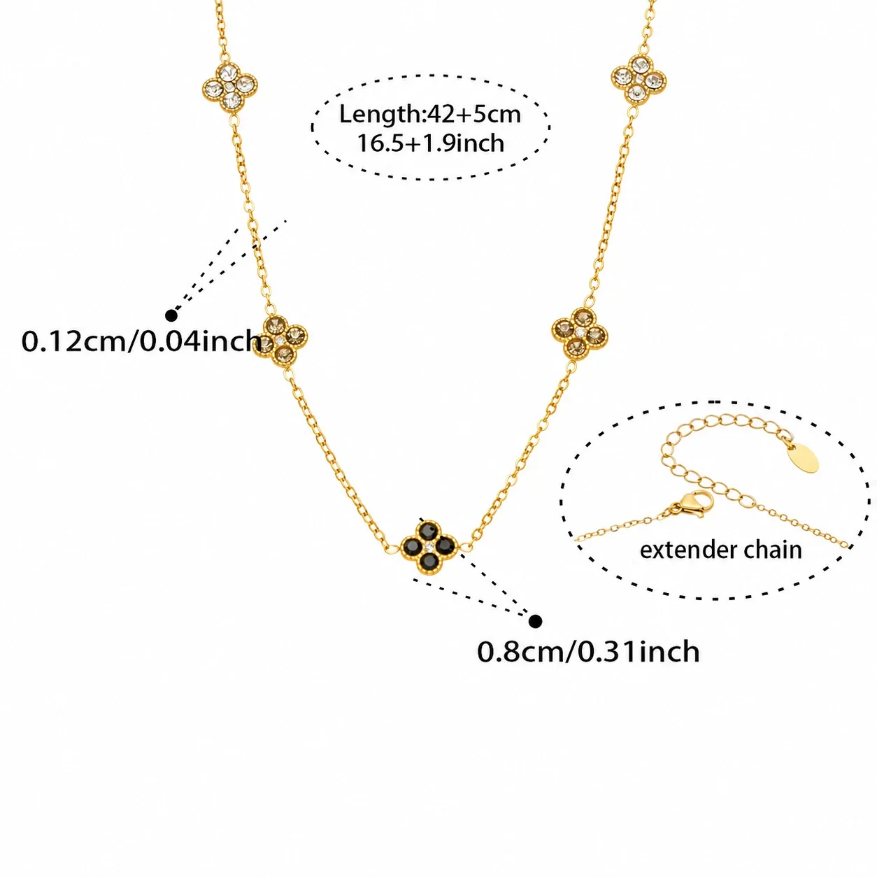 Vivid 18K Gold-Plated CZ Clover Necklace Bracelet Set - Gold Black CZ 42+5 cm
