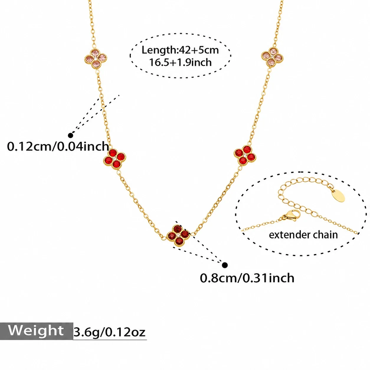 Vivid 18K Gold-Plated CZ Clover Necklace Bracelet Set - Gold Red CZ 42+5 cm