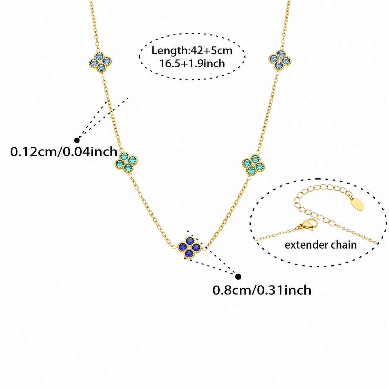 Vivid 18K Gold-Plated CZ Clover Necklace Bracelet Set - Gold Blue CZ 42+5 cm