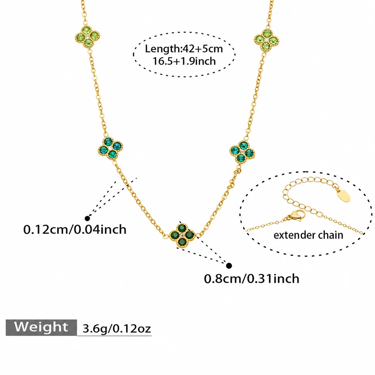Vivid 18K Gold-Plated CZ Clover Necklace Bracelet Set - Gold Green CZ 42+6 cm