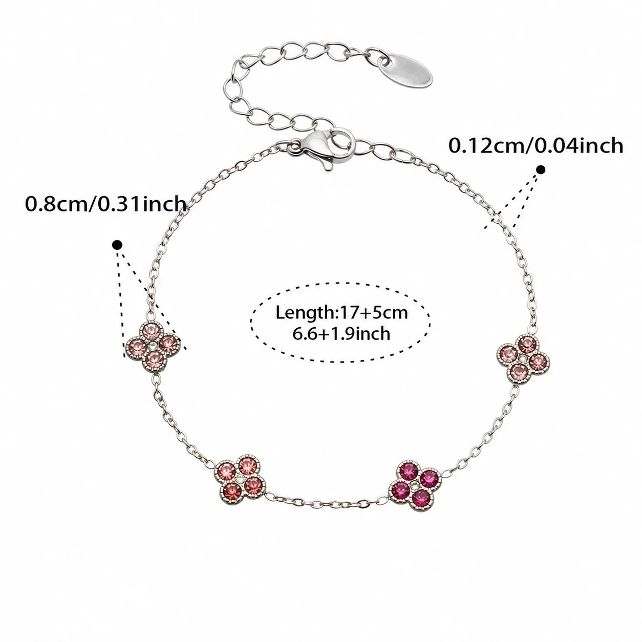 Vivid 18K Gold-Plated CZ Clover Necklace Bracelet Set - Silver Pink CZ 17+5 cm