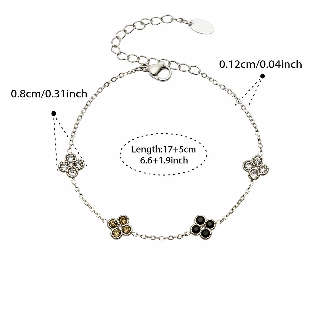 Vivid 18K Gold-Plated CZ Clover Necklace Bracelet Set - Silver Black CZ 17+5 cm