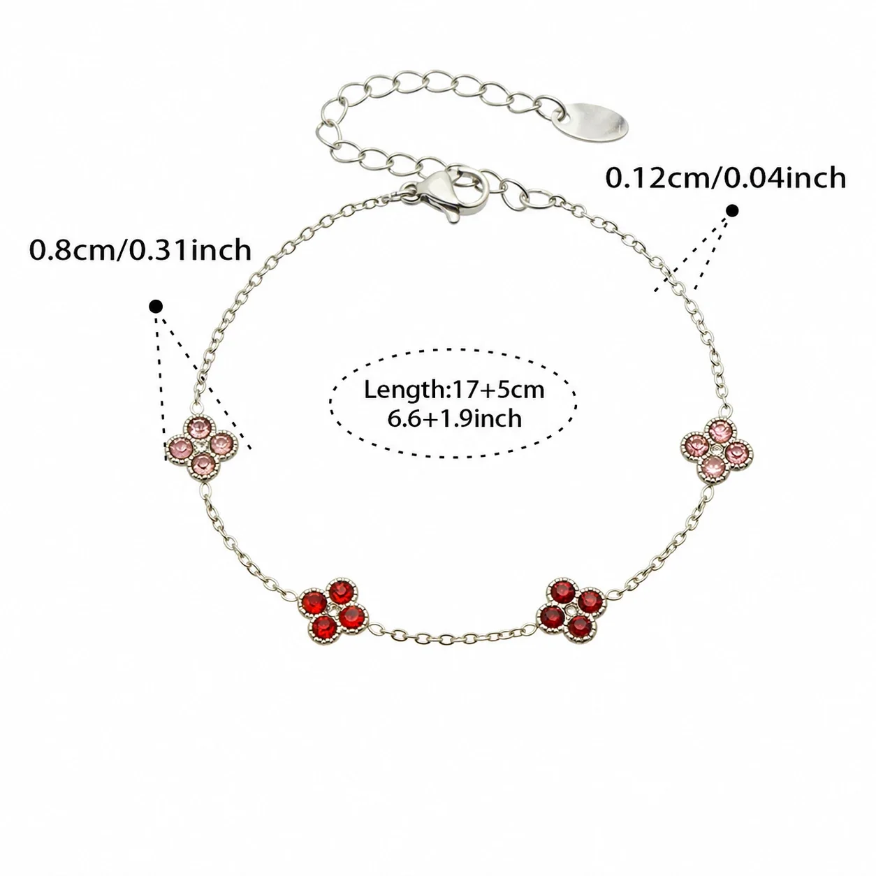 Vivid 18K Gold-Plated CZ Clover Necklace Bracelet Set - Silver Red CZ 17+5 cm