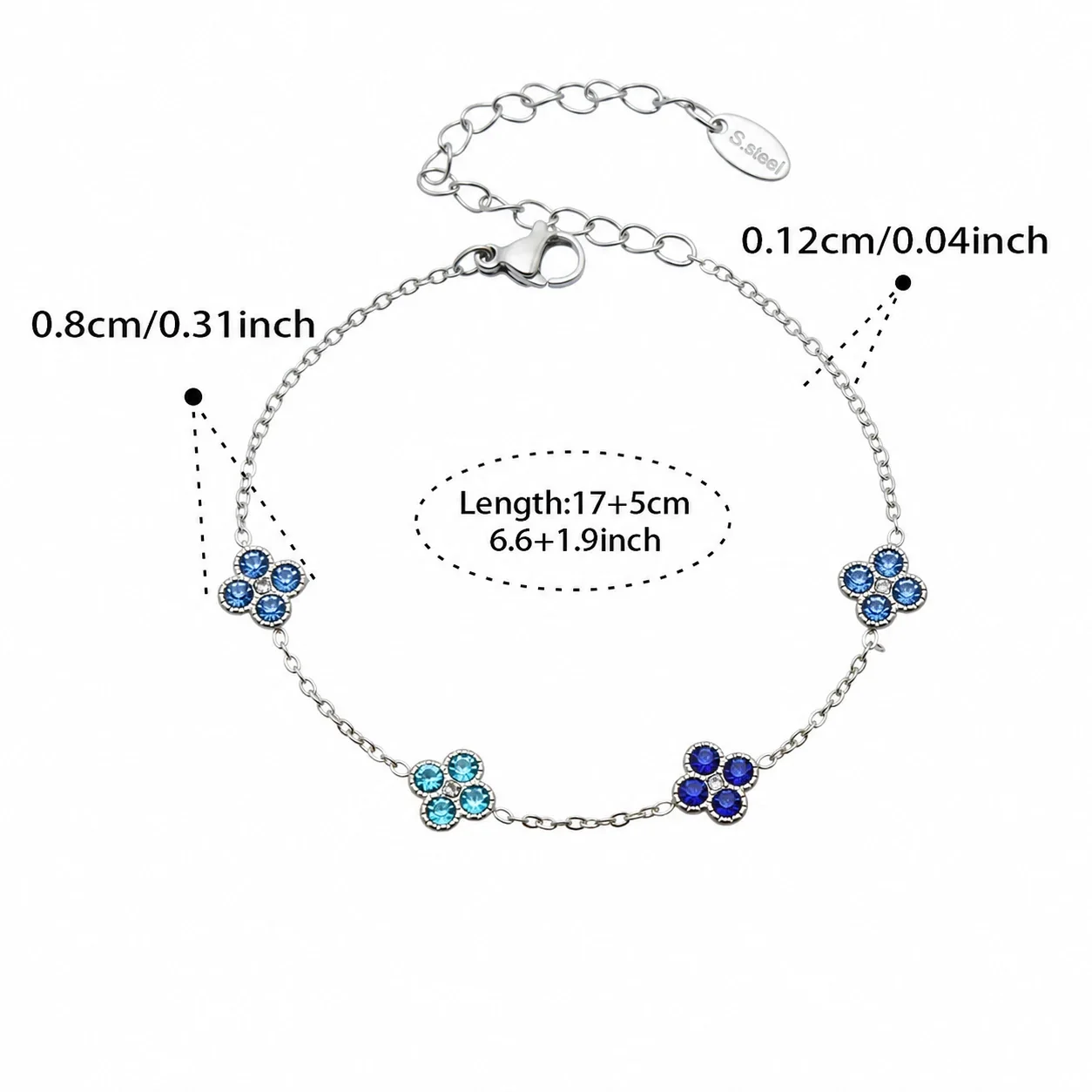 Vivid 18K Gold-Plated CZ Clover Necklace Bracelet Set - Silver Blue CZ 17+5 cm