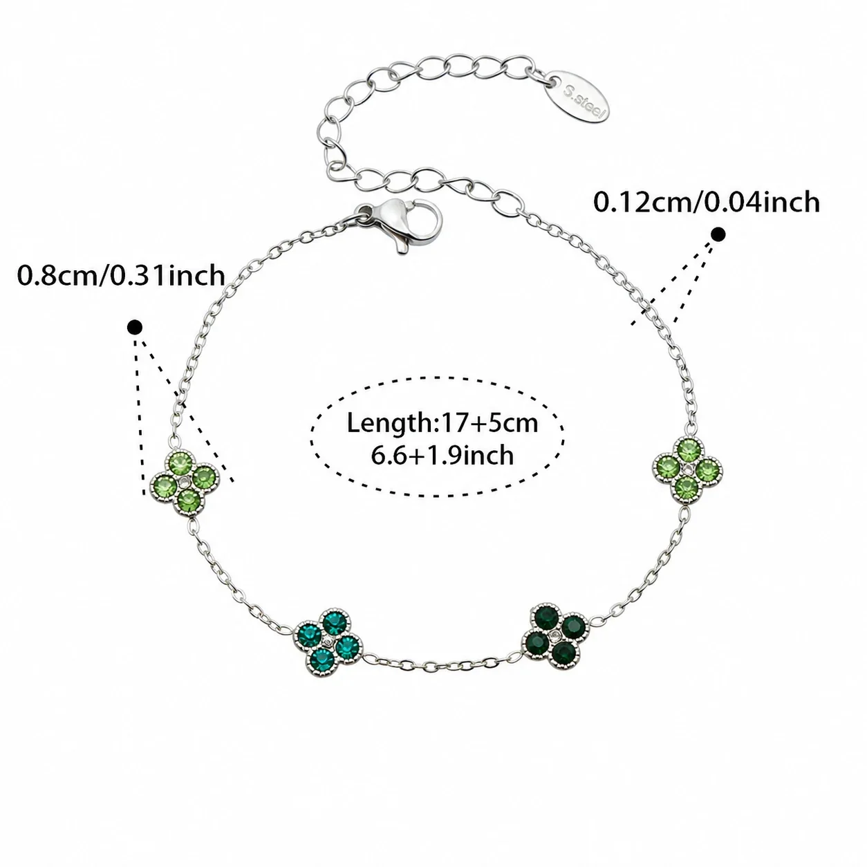 Vivid 18K Gold-Plated CZ Clover Necklace Bracelet Set - Silver Green CZ 17+5 cm