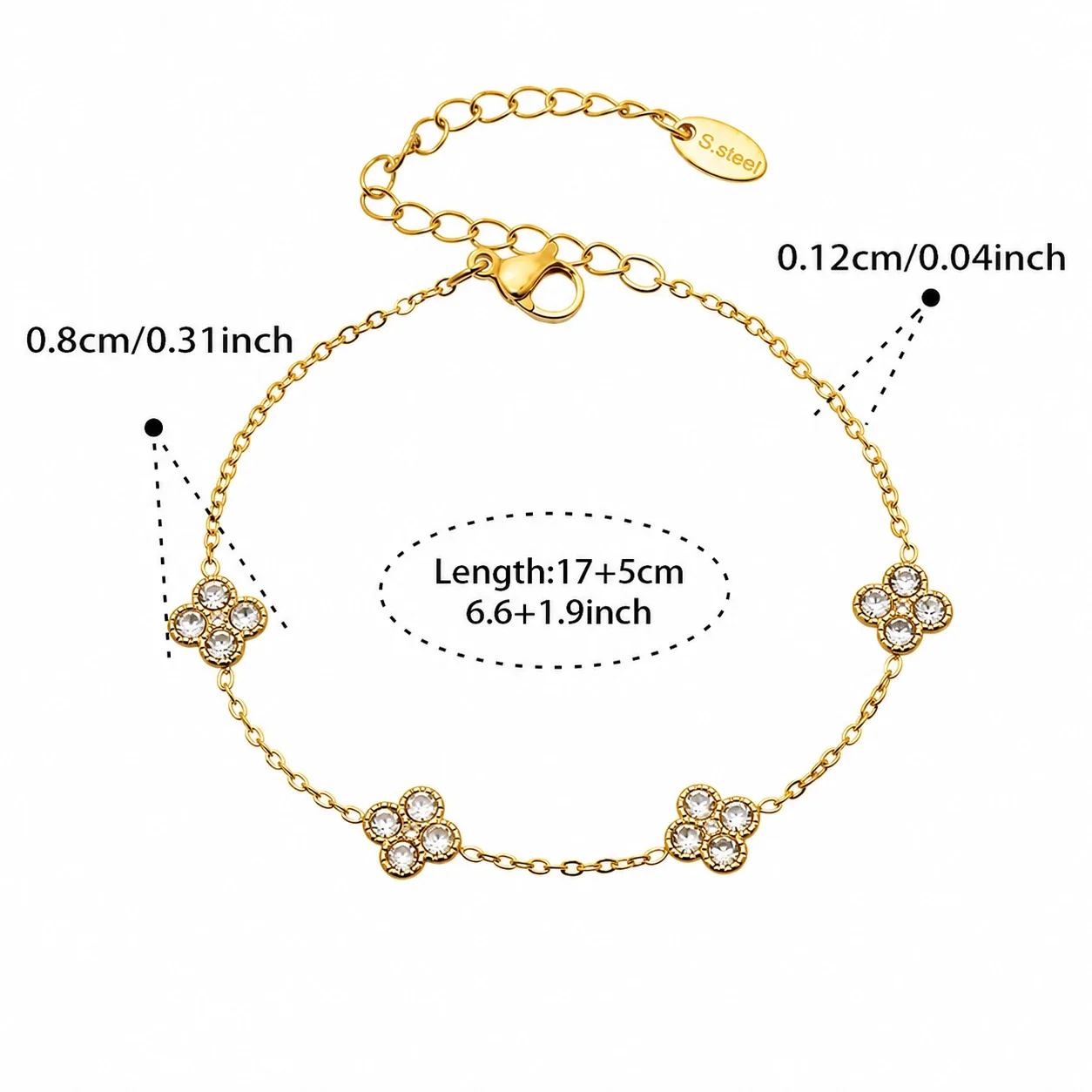 Vivid 18K Gold-Plated CZ Clover Necklace Bracelet Set - Gold White CZ 17+5 cm