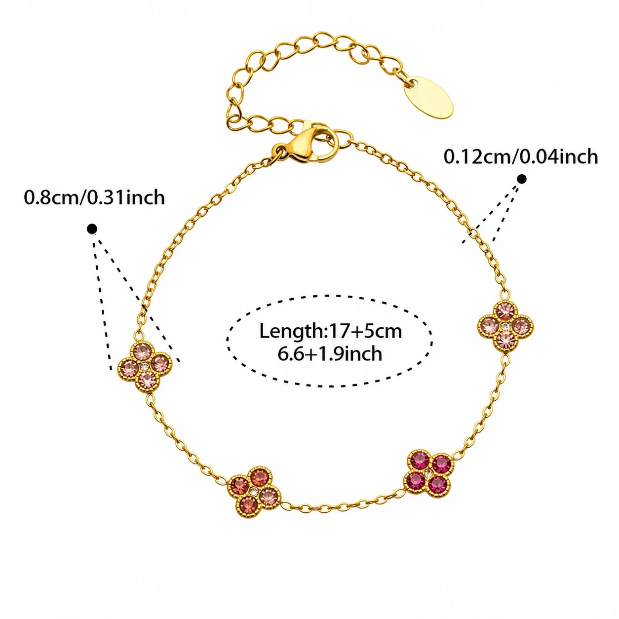 Vivid 18K Gold-Plated CZ Clover Necklace Bracelet Set - Gold Pink CZ 17+5 cm