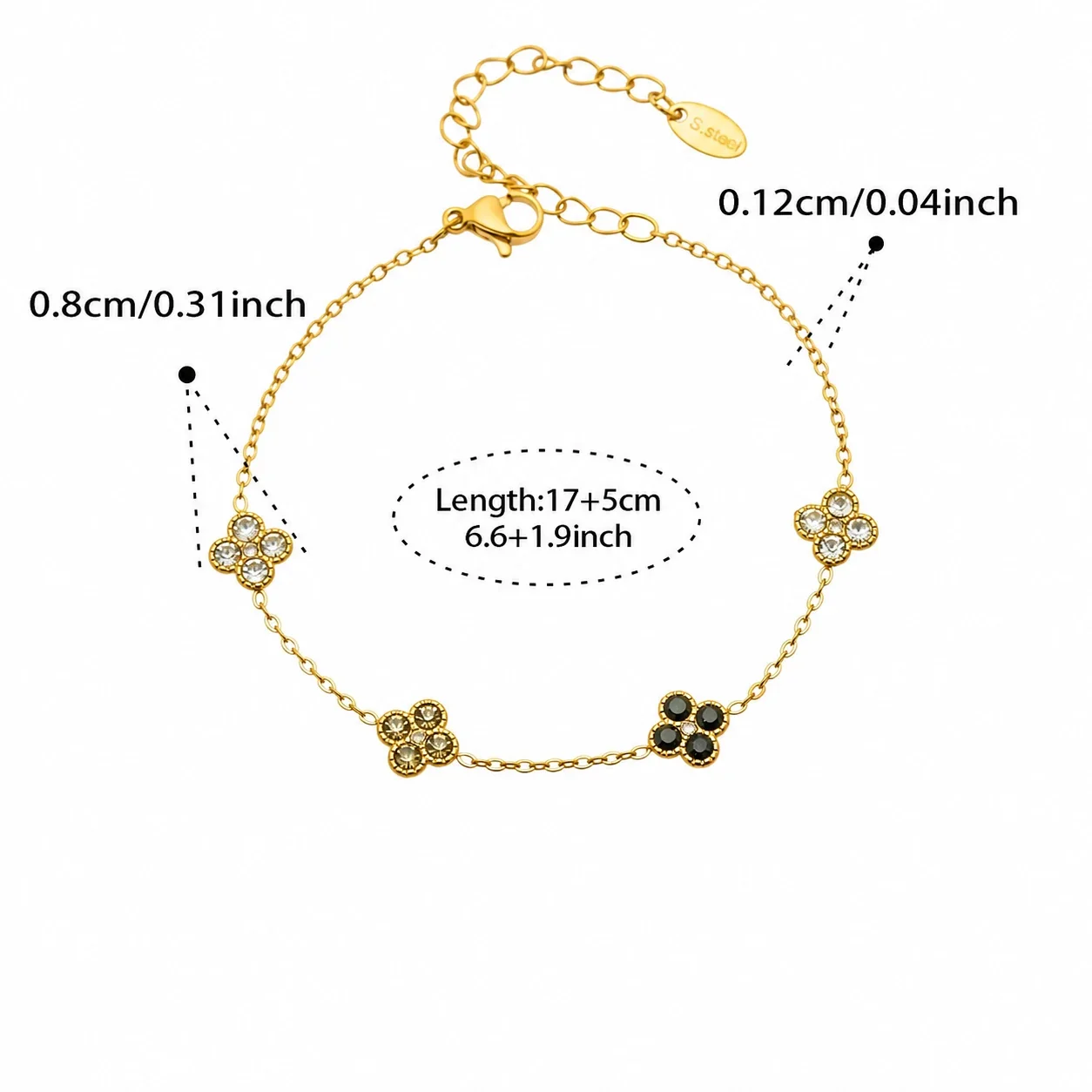 Vivid 18K Gold-Plated CZ Clover Necklace Bracelet Set - Gold Black CZ 17+5 cm