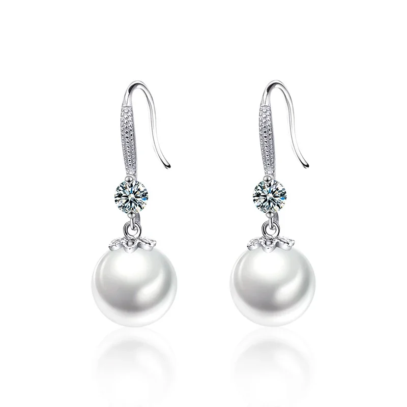 Lustrous 925 Sterling Silver Round Pearl Moissanite Drop Earrings