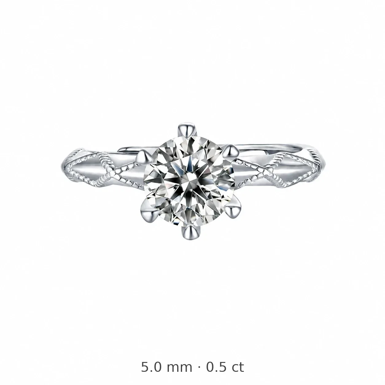Braided 925 Sterling Silver Round Moissanite Open Ring - 0.5 ct Moissanite