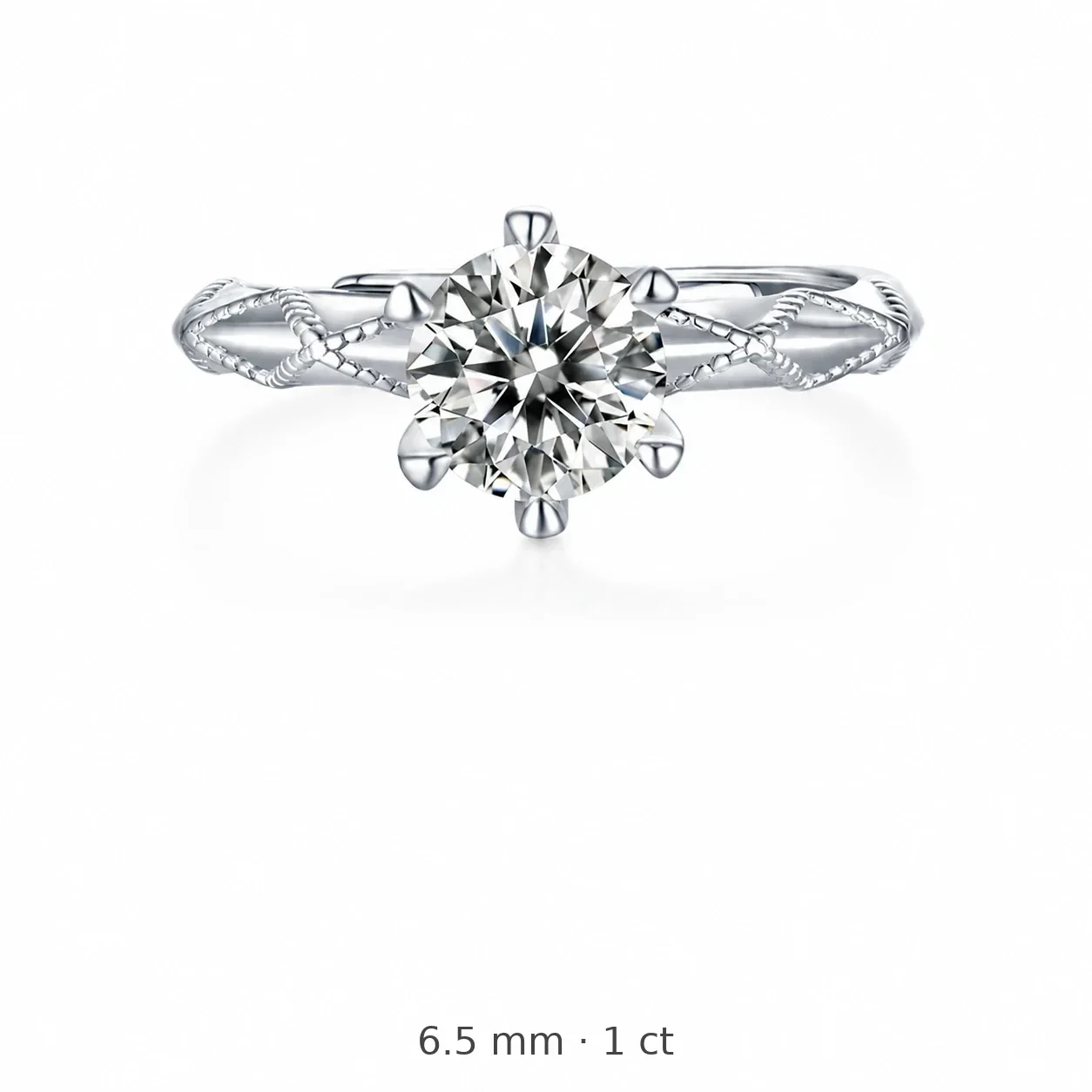 Braided 925 Sterling Silver Round Moissanite Open Ring - 1 ct Moissanite