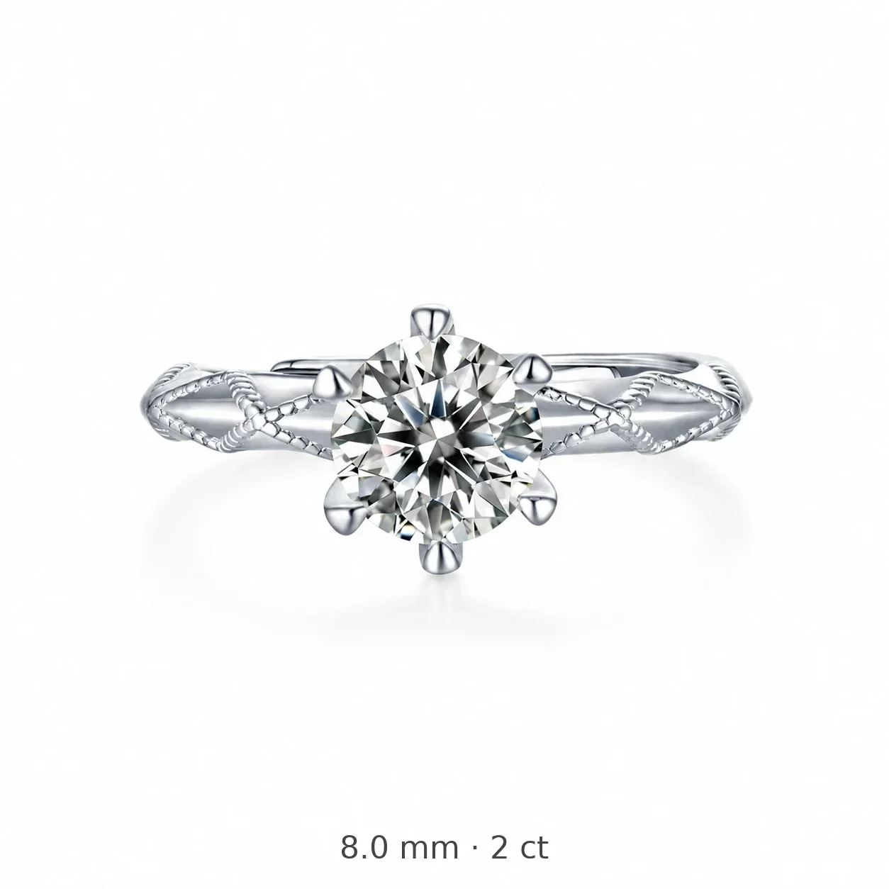 Braided 925 Sterling Silver Round Moissanite Open Ring - 2 ct Moissanite