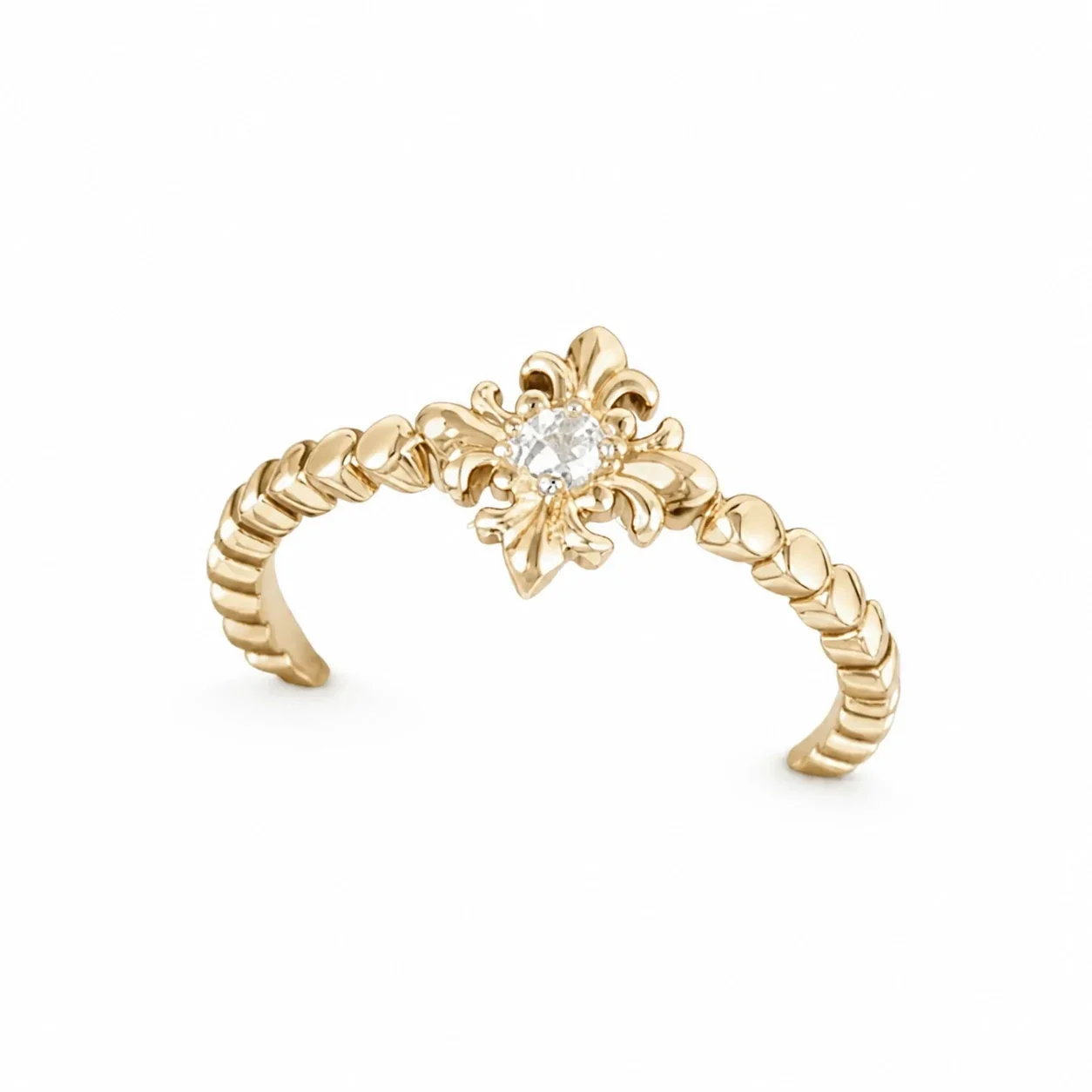 Ornate Fleur-de-Lis Gold-Plated Crystal Beaded Copper Ring