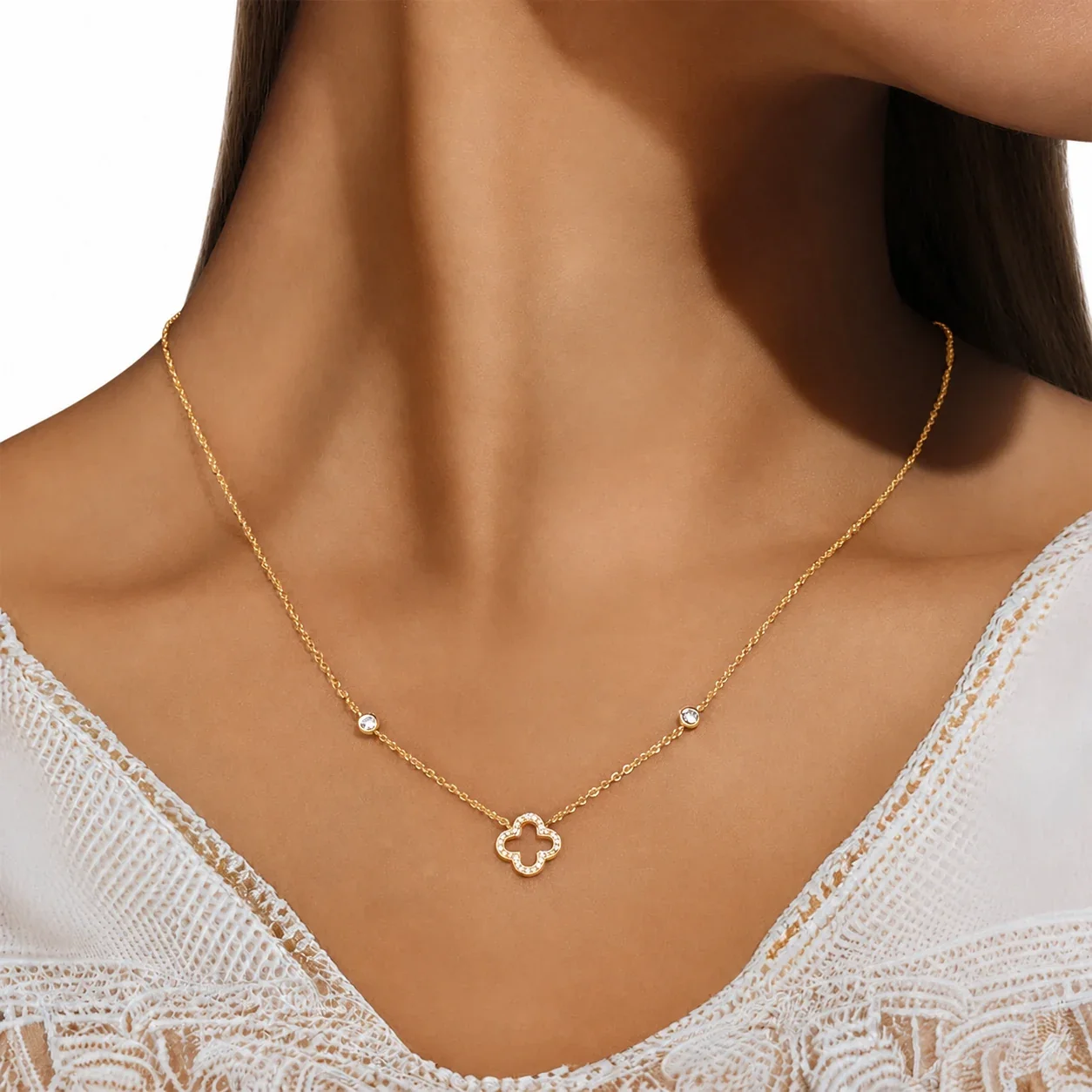 Delicate Clover Pavé 925 Sterling Silver Station Necklace