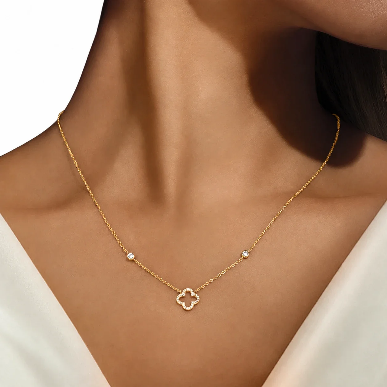 Delicate Clover Pavé 925 Sterling Silver Station Necklace