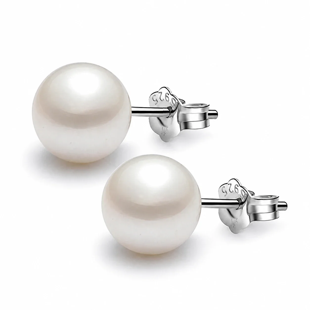 Lustrous 925 Sterling Silver Round Pearl Butterfly-Back Stud Earrings