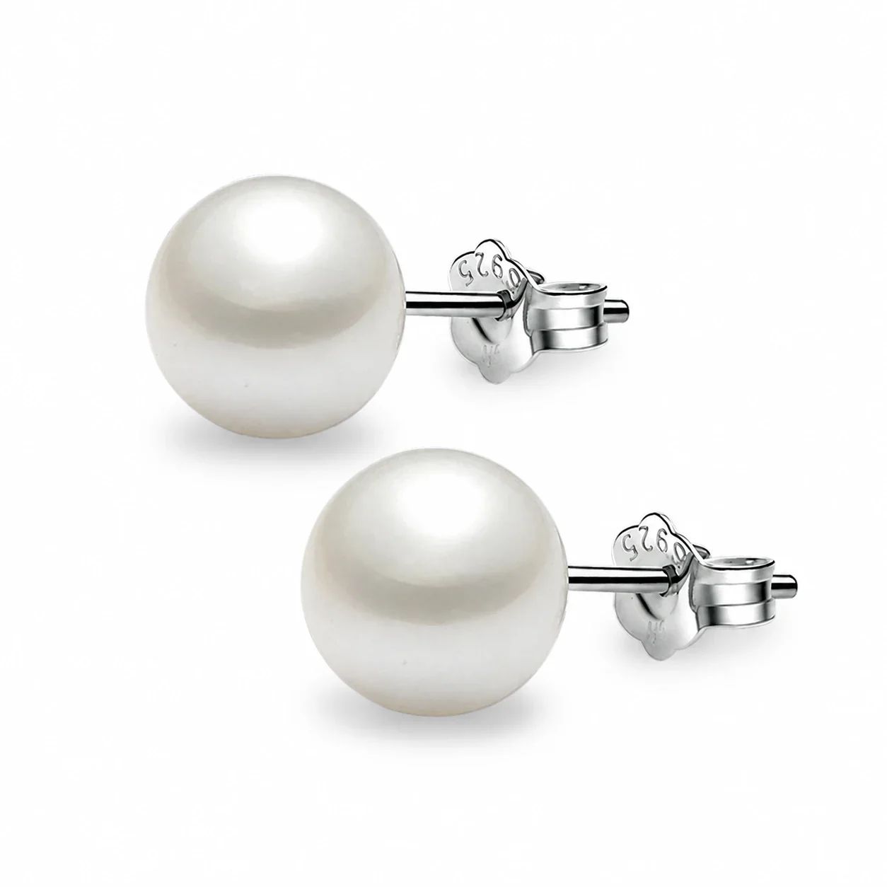Lustrous 925 Sterling Silver Round Pearl Butterfly-Back Stud Earrings