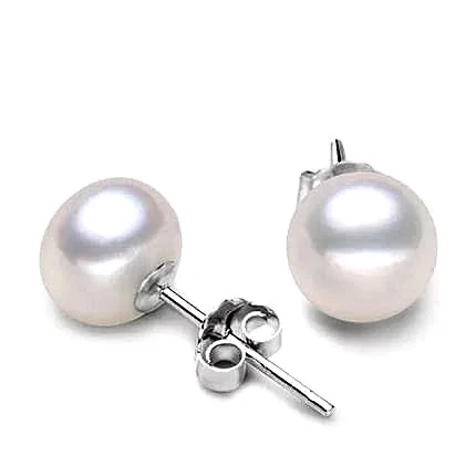 Lustrous 925 Sterling Silver Round Pearl Butterfly-Back Stud Earrings - Bread Pearl Studs